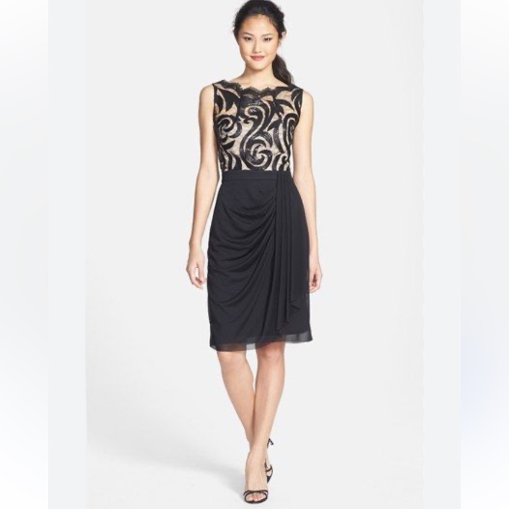 Maggy London Black and Cream Embellished Ruched Sheath Dress